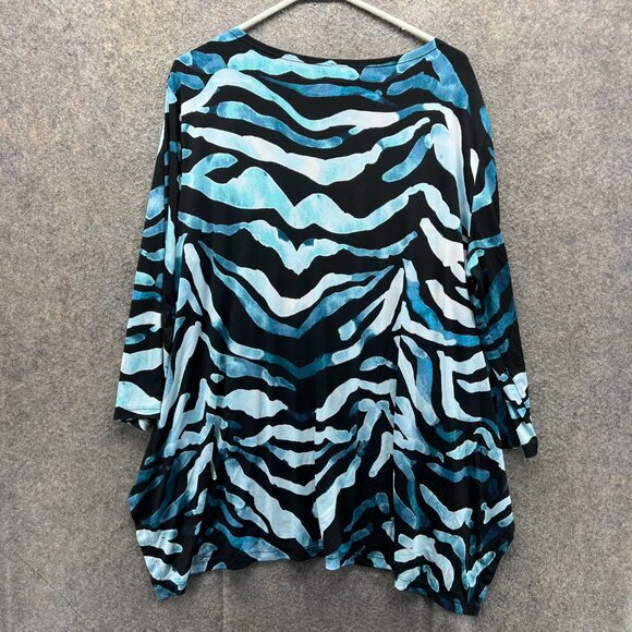 Clara Sun Woo Top Shirt Women 1X Blue Black Abstract Zebra Print 3/4 Sleeve Knit - Picture 2 of 9
